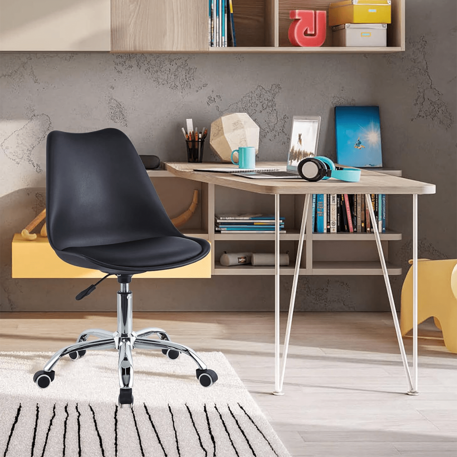Silla Escritorio Ergonómica con Ruedas, Silla Oficina Giratoria con Altura Ajustable, Acolchada, Estilo Nórdico, Ideal para Estudio y Oficina