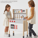 Cocina Juguete Grande con Luz y Sonido, Incluye Cocinita de Madera de 59,5 x 30 x 94,5 cm, Vitrocerámica Eléctrica, Fregadero, Microondas, Armario y Utensilios de Cocina, Bordes y Esquinas Redondeadas y Suaves