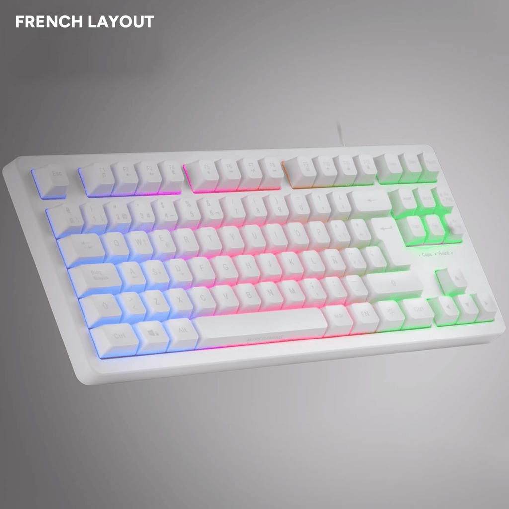 Mars Gaming MK023, Teclado Gaming TKL, Tecnología Híbrida H-Mech, Iluminación FRGB Rainbow, Anti-ghosting, Compatibilidad Universal, Blanco, Idioma Francés