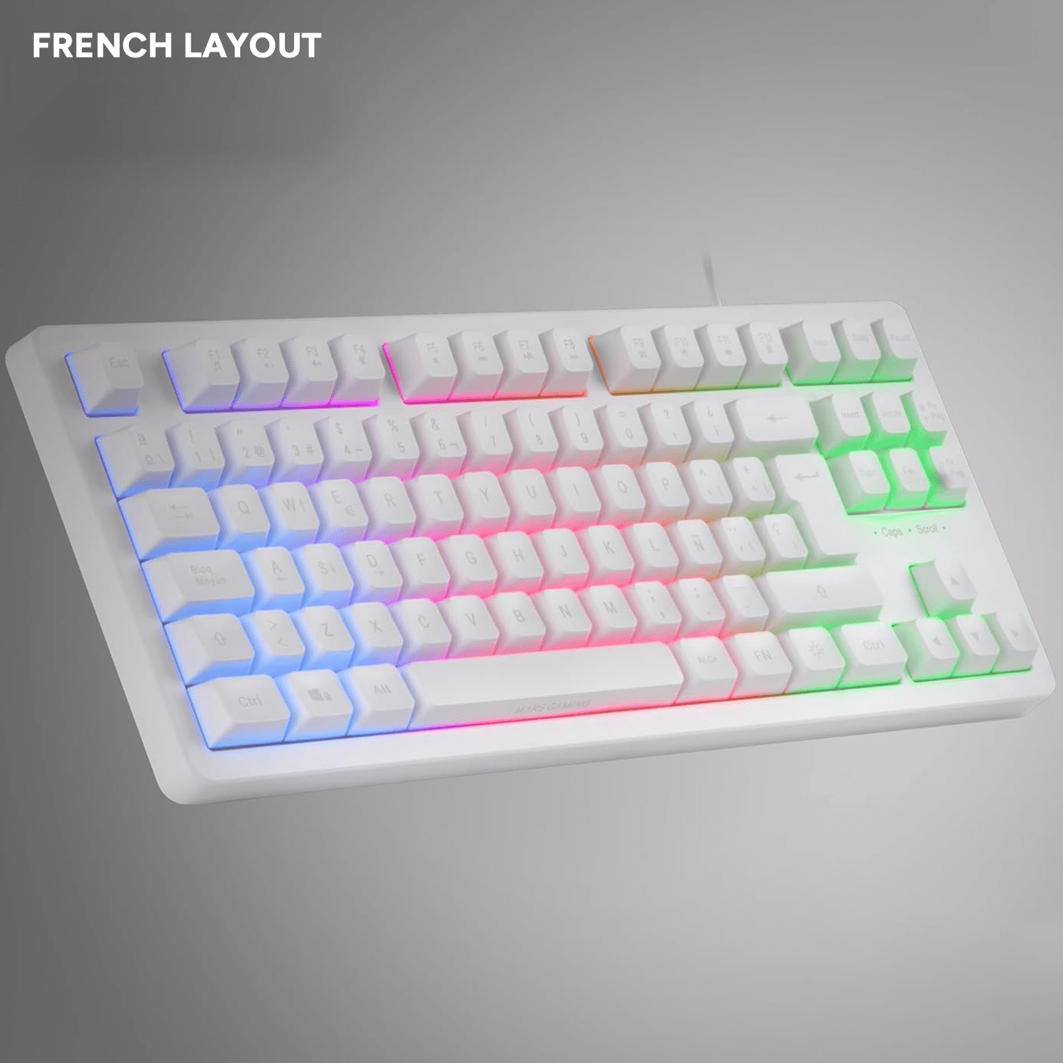 Mars Gaming MK023, Teclado Gaming TKL, Tecnología Híbrida H-Mech, Iluminación FRGB Rainbow, Anti-ghosting, Compatibilidad Universal, Blanco, Idioma Francés