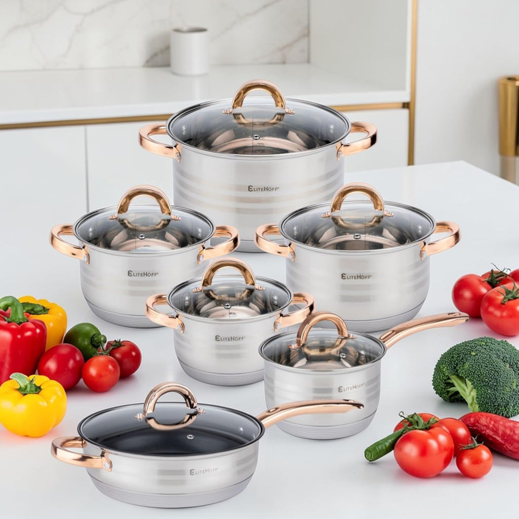 Batería de Cocina 12 Piezas, Juego de Ollas, Cazo y Sartén de Acero Inoxidable, Tapas Incluidas, Apto para Lavavajillas, Apto para Cocina Eléctrica, Gas, Vitrocerámica e Inducción