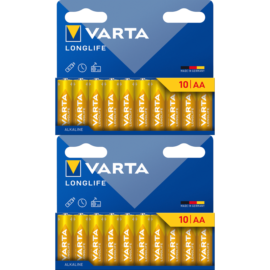 Pilas AA Alcalinas de Alto Rendimiento, VARTA Longlife, Ultra Larga Duración, Energía Continua, Ideal para Controles Remotos, Juguetes Electrónicos, Linternas, Lámparas, Relojes, Cámaras y Otros Dispositivos de Uso Diario - VARTA
