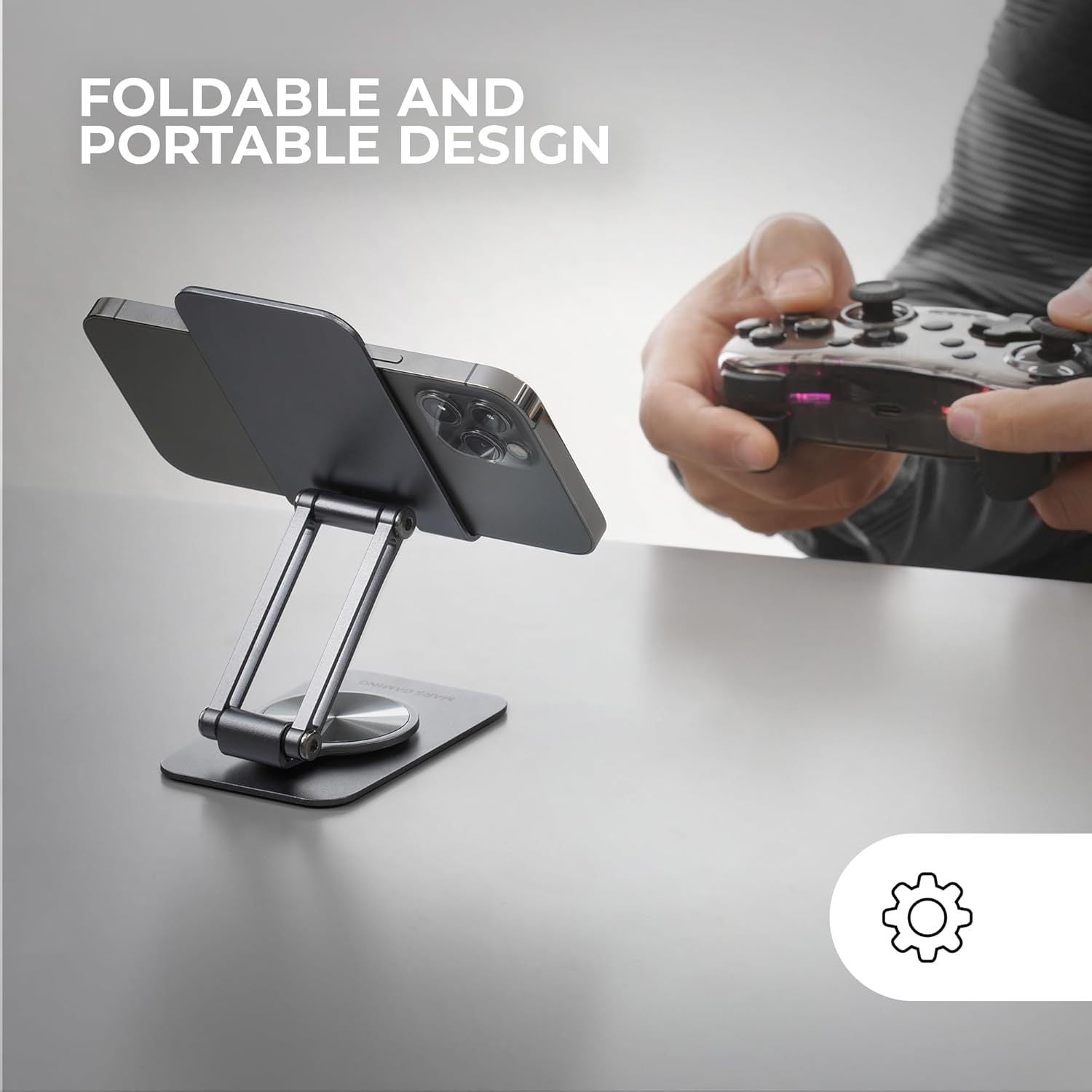 Mars Gaming MA-RSS, Soporte Plegable para Smartphone, Rotación Dinámica 360º + Ajuste en Altura y Ángulo 180º, Soporte Teléfono Móvil Portátil de Aluminio, Antideslizante, Gris Oscuro