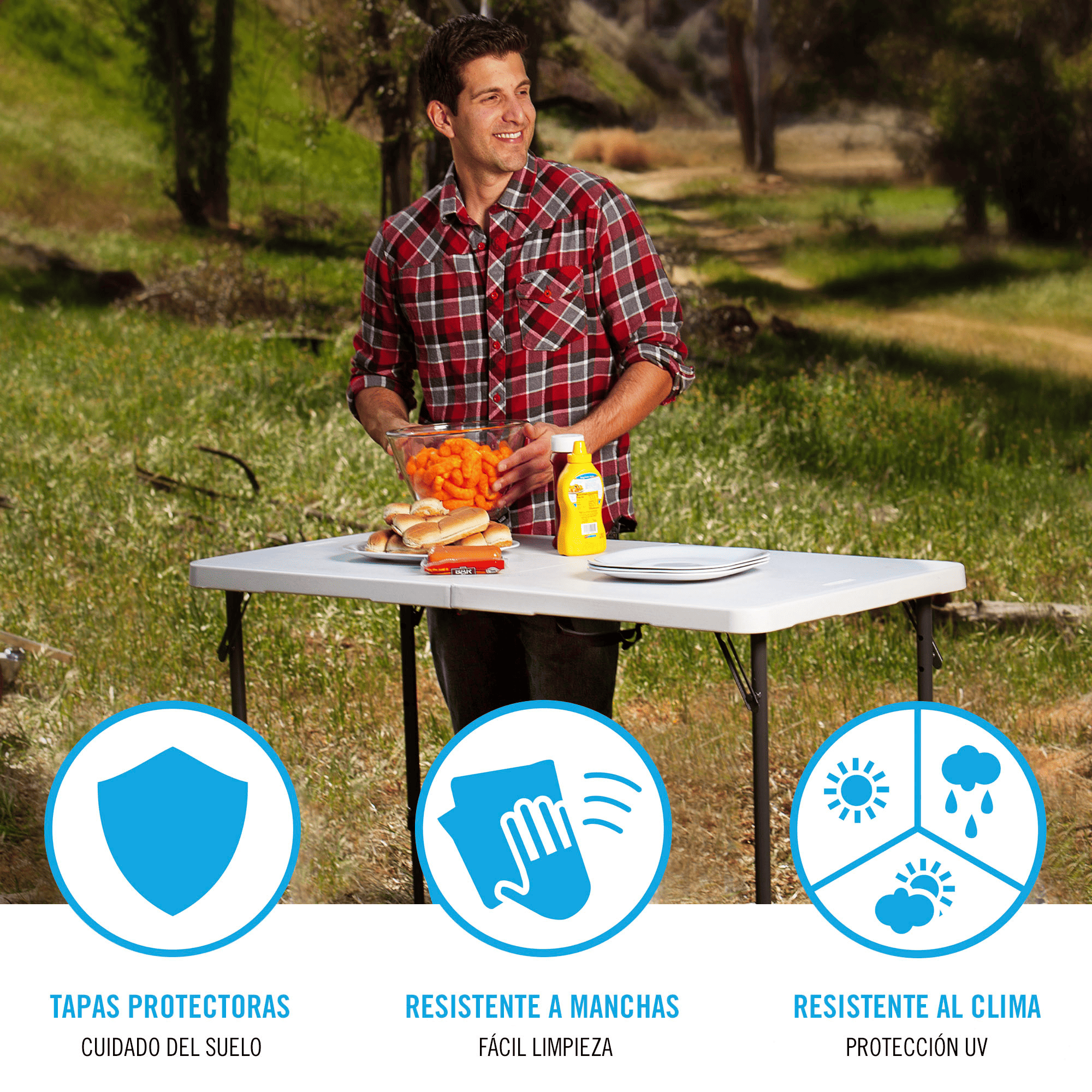 Mesa Plegable Portátil, Mesa Camping Plegable con Asa para Fácil Transporte, 4 Alturas Regulables, Resistente al Agua y Rayos UV, Soporta hasta 340Kg, Esquinas Reforzadas, Diseño Ligero, Resistente a Manchas