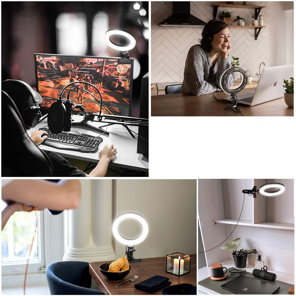 Aro de Luz con Pinza, Anillo De Luz para Selfies, 15 cm de Diámetro, Pinza de Sujección, Varios Niveles de Luz y Color Graduables, Conexión con Cable USB, Ideal para Vídeo y Fotografía, Plástico ABS y PS