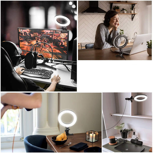 Aro de Luz con Pinza, Anillo De Luz para Selfies, 15 cm de Diámetro, Pinza de Sujección, Varios Niveles de Luz y Color Graduables, Conexión con Cable USB, Ideal para Vídeo y Fotografía, Plástico ABS y PS