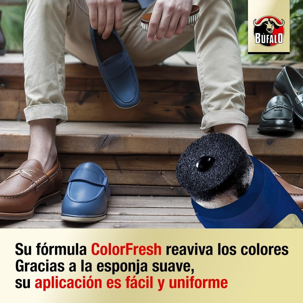 Búfalo Crema para Zapatos Autobrillante Color Azul, Formulada con Aceite Natural de Almendras, Cuidado del Calzado y Color, Brillo Intenso Inmediato, Frasco de 50ml