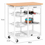 Carro Auxiliar de Cocina de Madera con Ruedas, Carrito Organizador con 2 Cajones, Estantes y Cestas Extraíbles, Diseño Multifuncional para Almacenamiento y Servicio, Blanco, 68 x 37 x 75 cm