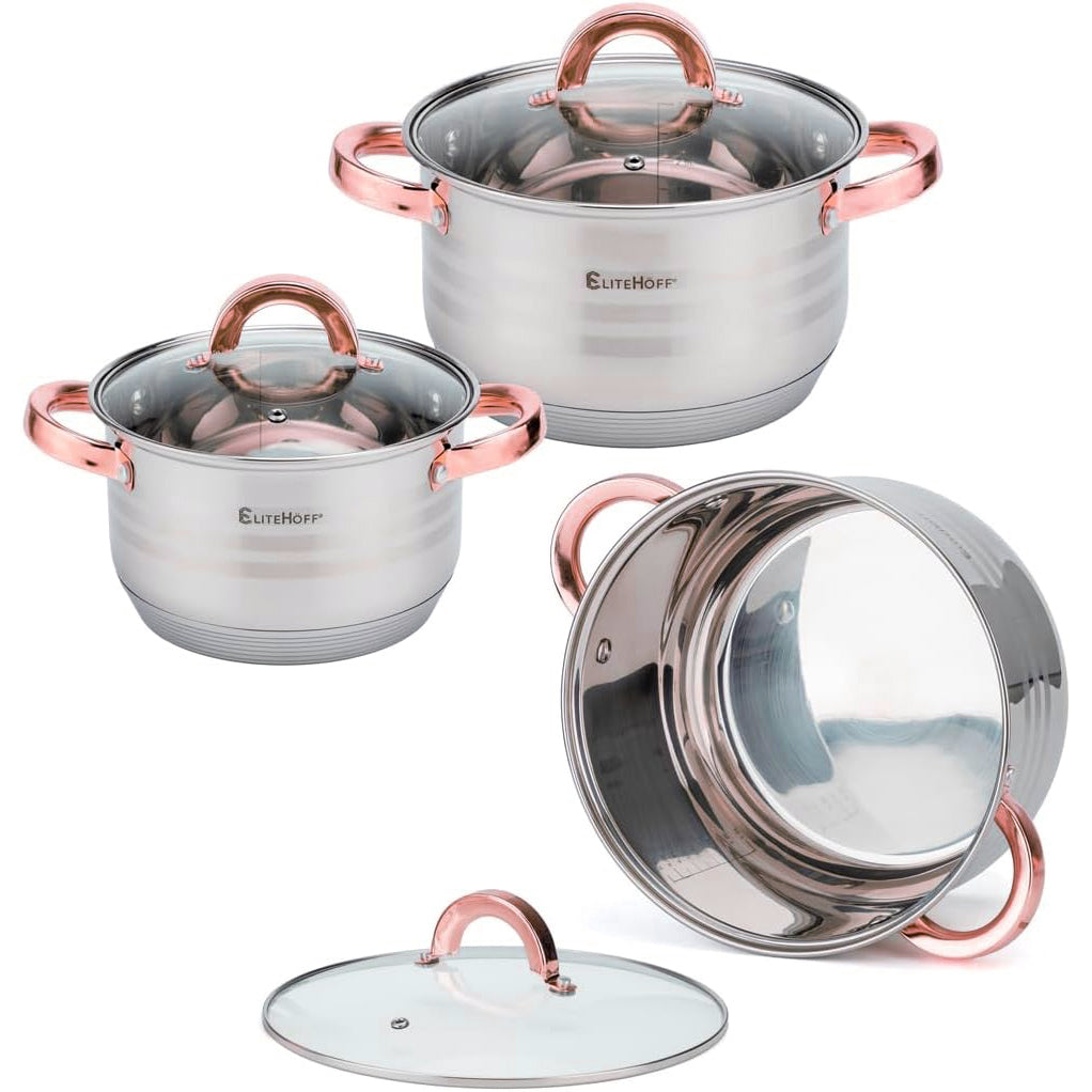 Batería de Cocina 12 Piezas, Juego de Ollas, Cazo y Sartén de Acero Inoxidable, Tapas Incluidas, Apto para Lavavajillas, Apto para Cocina Eléctrica, Gas, Vitrocerámica e Inducción