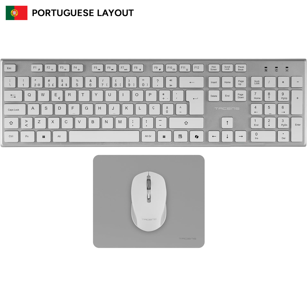 Tacens Zenith, Combo Inalámbrico 3en1 con Tecnología DualLink 2.4 GHz, Teclado Completo Full-Size con SmartKey Copilot AI, Ratón Óptico 3200 dpi, Alfombrilla Nanotextil, Idioma Portugués, Blanco