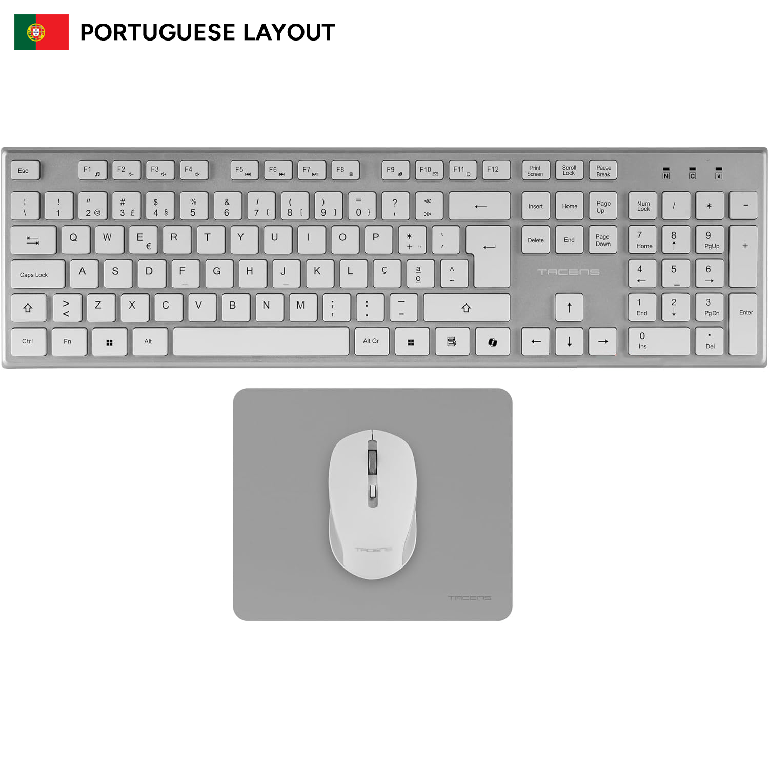 Tacens Zenith, Combo Inalámbrico 3en1 con Tecnología DualLink 2.4 GHz, Teclado Completo Full-Size con SmartKey Copilot AI, Ratón Óptico 3200 dpi, Alfombrilla Nanotextil, Idioma Portugués, Blanco