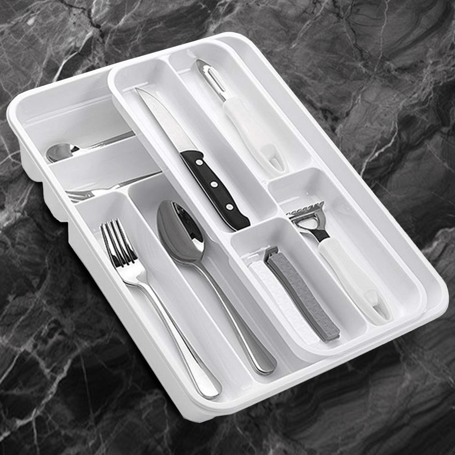 Cubertero para Cajones con Múltiples Compartimentos, Fácil de Limpiar, Resistente, Bandeja Organizadora de Cajones de Cocina para Cubietos y Utensilios, 40 x 30 x 7 cm