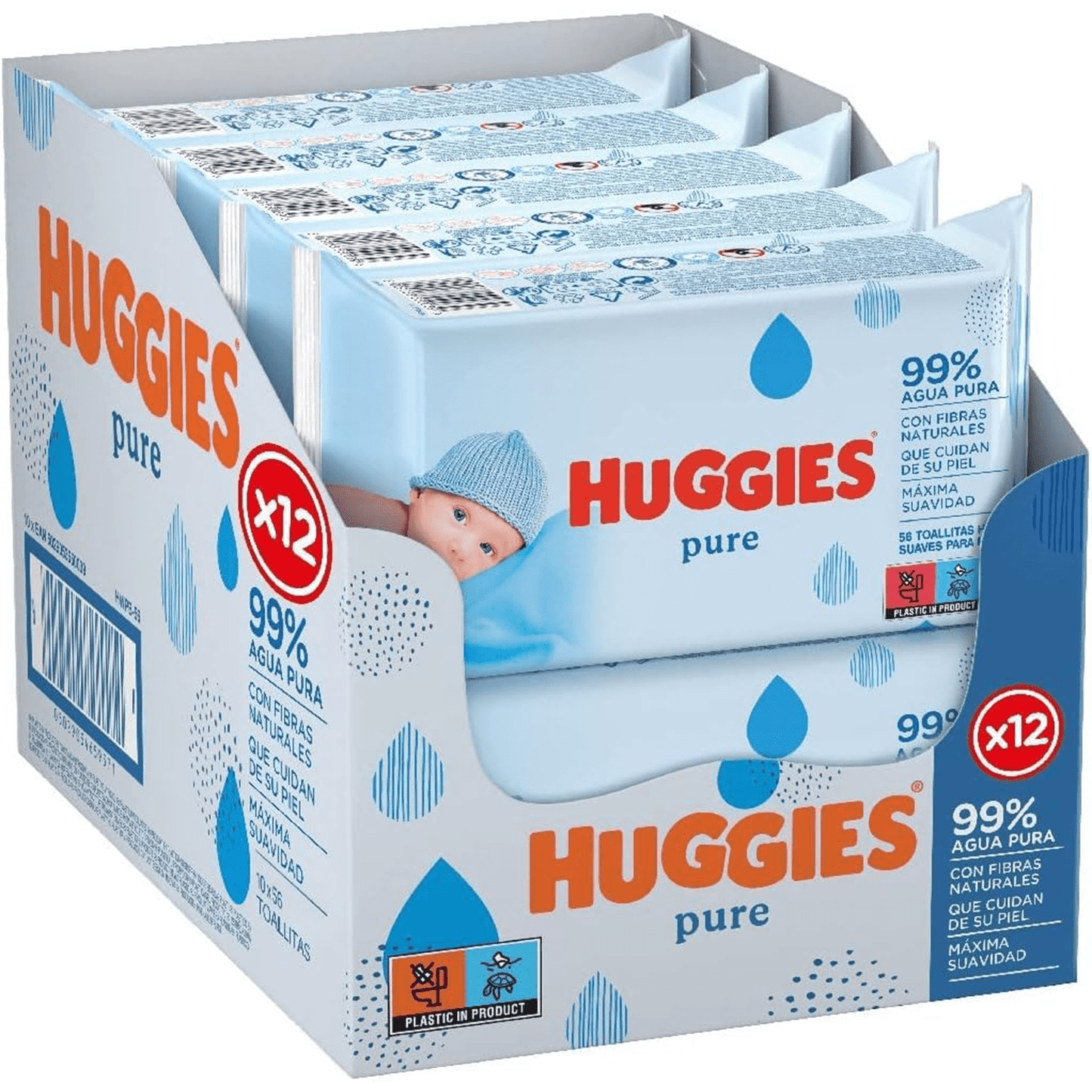 Huggies Pure Toallitas Bebé, Toallitas Húmedas, 99% Agua Pura, Textura Única, Algodonosa y Suave con la Piel, Limpieza Delicada de la Piel