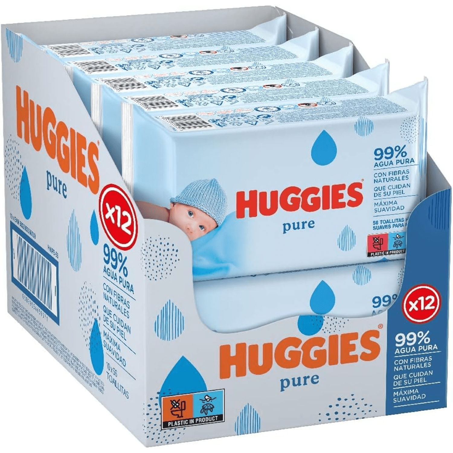 Huggies Pure Toallitas Bebé, Toallitas Húmedas, 99% Agua Pura, Textura Única, Algodonosa y Suave con la Piel, Limpieza Delicada de la Piel