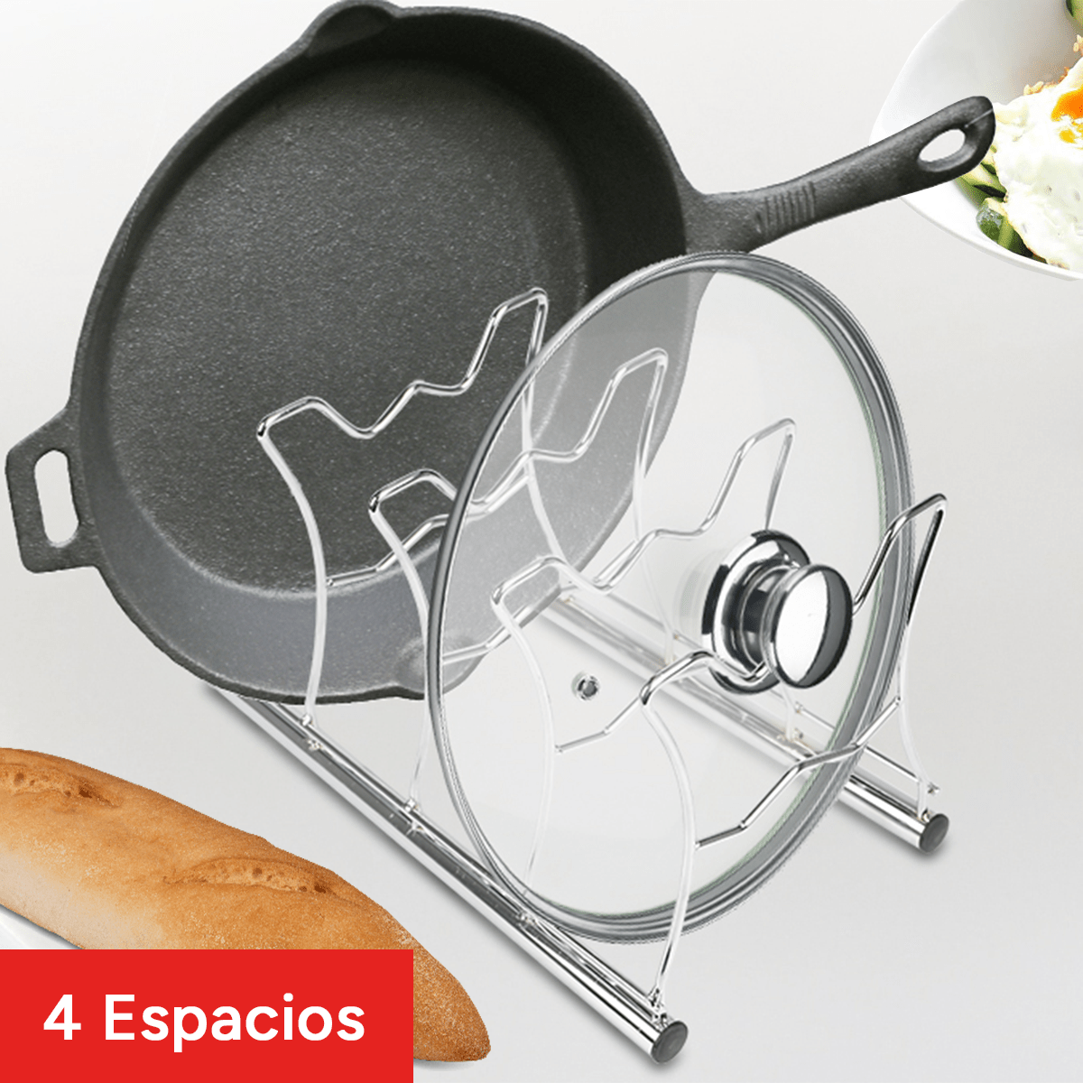 Rejilla para Ollas y Tapas, Organizador Sartenes, Organizador de Cocina, 4 Espacios, Ideal para Apilar Sartenes o Utensilios de Cocina, Ahorra y Optimiza Espacio, Modo de uso en Horizontal o Vertical, 34 x 16.5 x 12.7 cm