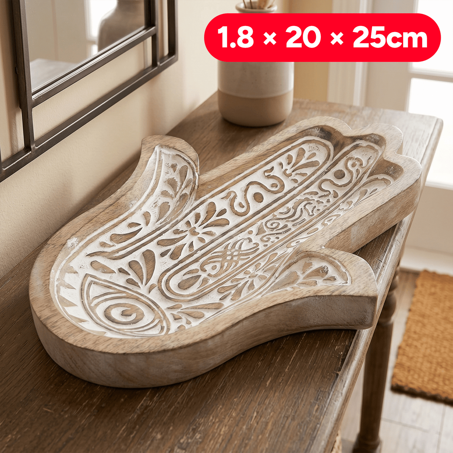 Bandeja Vaciabolsillos Mano de Fátima, Madera con Efecto Decapado, Ideal como Elemento Decorativo, Centro de Mesa o Bandeja Vaciabolsillos, 1.8 x 20 x 25cm