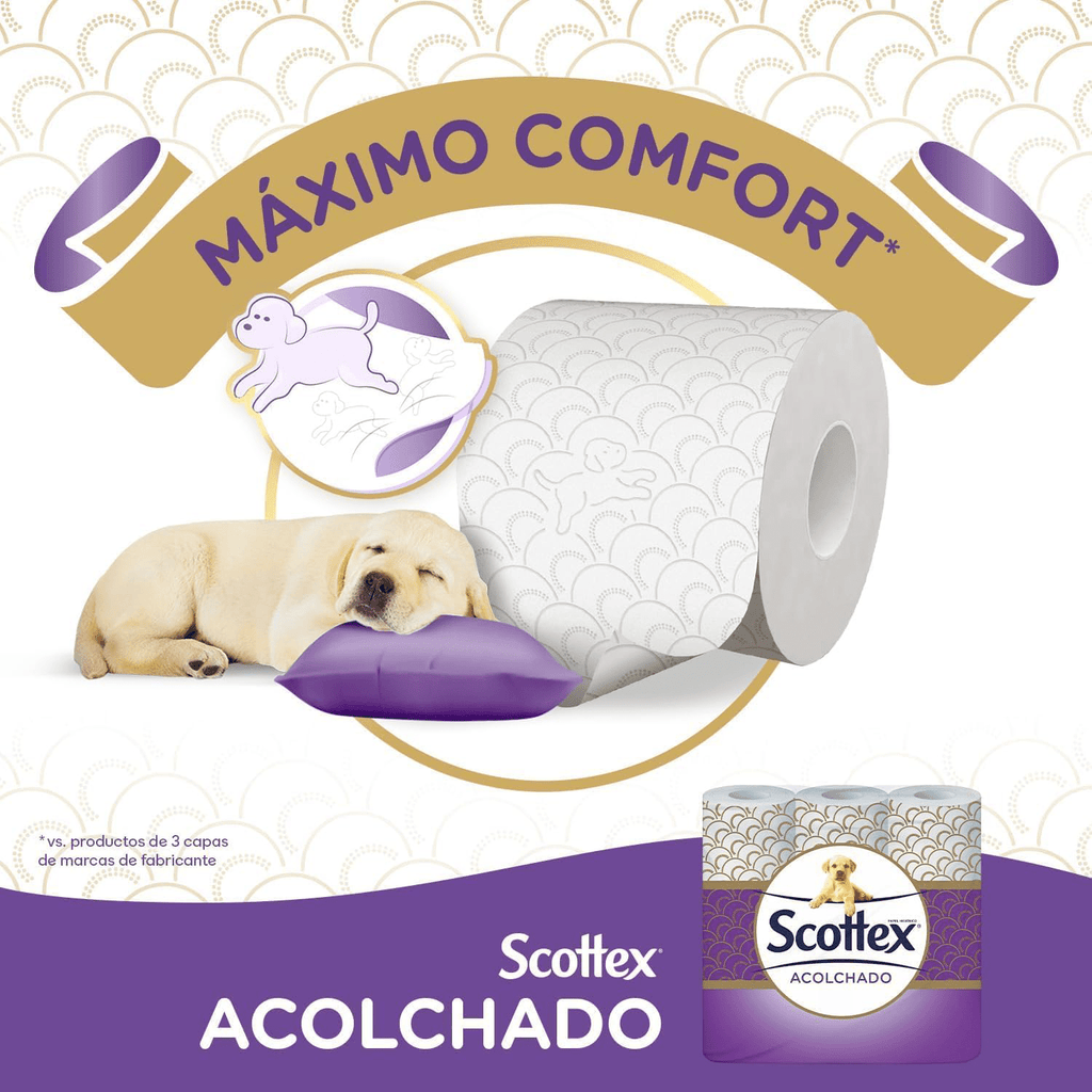 Scottex Acolchado Papel Higiénico Acolchado, Rollos con 3 Capas que Proporcionan Confort y Suavidad