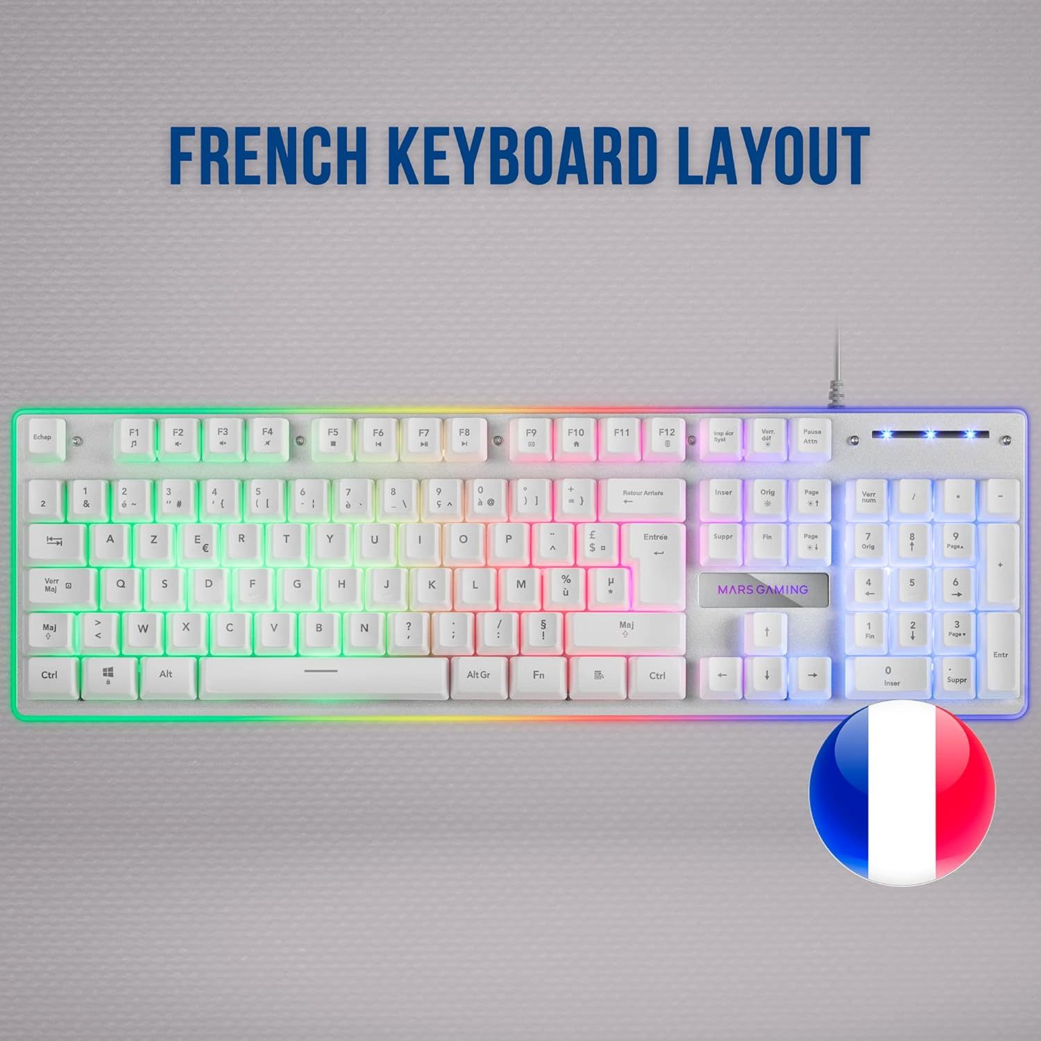 Mars Gaming MK220, Teclado Gaming Híbrido H-Mech, Iluminación FRGB Rainbow + Halo, Panel de Aluminio, Anti-Ghosting, USB Plug & Play, PC PS5 Xbox Switch, Idioma Francés, Blanco