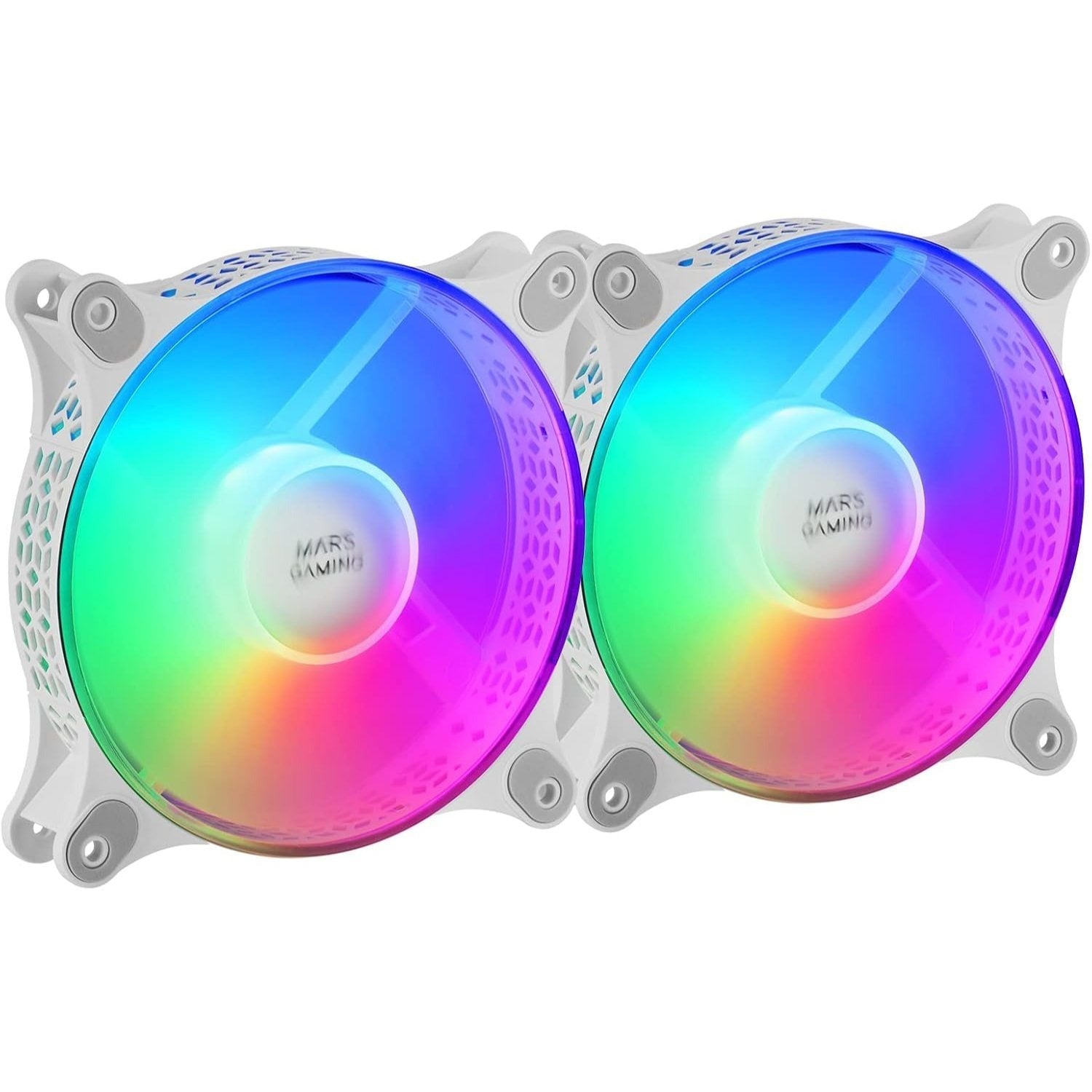 Mars Gaming MFDUO, Kit 2x Ventiladores de 120mm FRGB Rainbow 360°, Ultra-silencioso, Doble Conexión 3PIN + 4PIN, Blanco