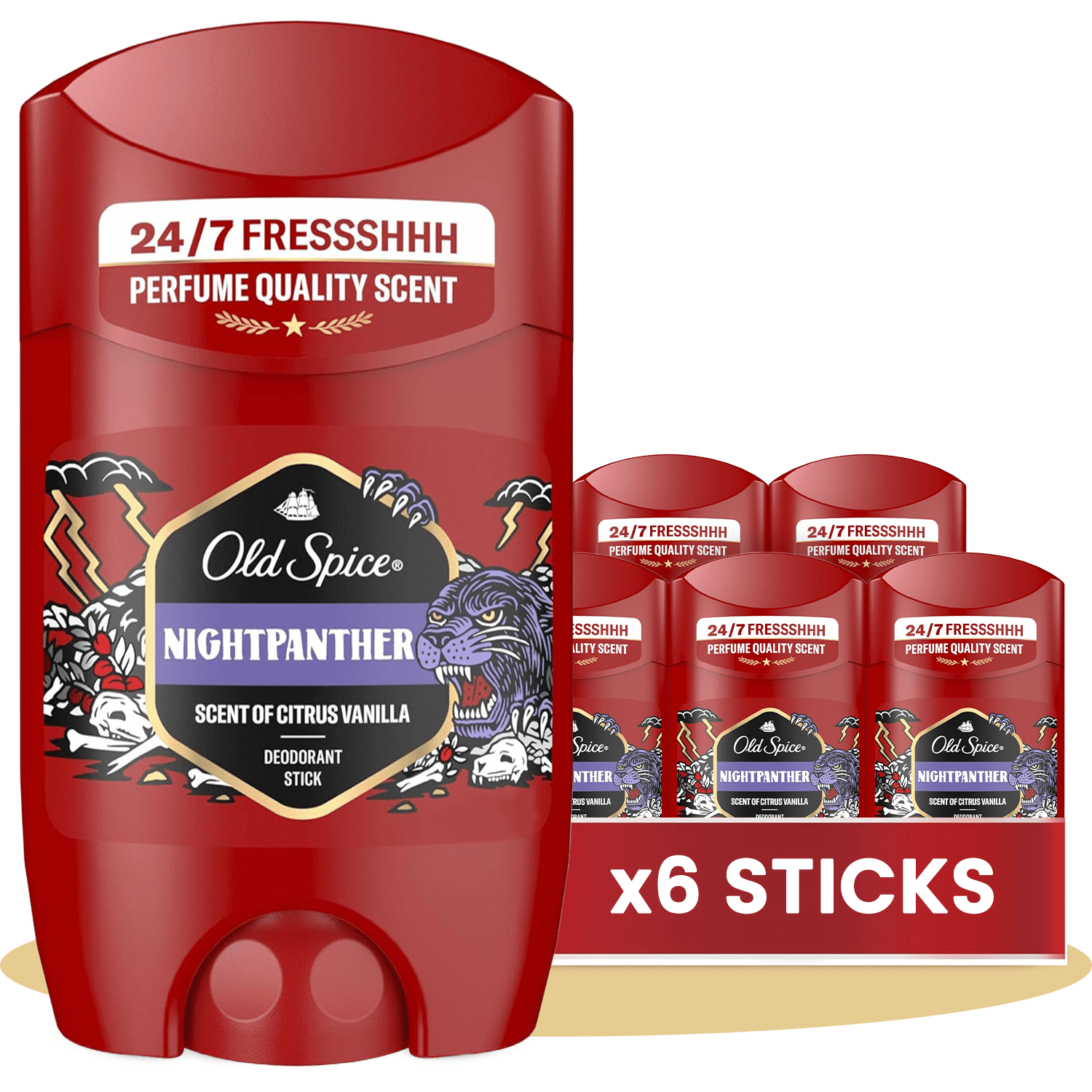 Old Spice Night Panther Pack 6 Desodorante en Barra Para Hombres, Fresco 24 Horas, Ideal para Uso Diario, Perfume Duradero, Sin Aluminio, Fragancia Excepcional a Chocolate Negro y Vainilla, Protección Contra El Mal Olor, 50ml por Barra
