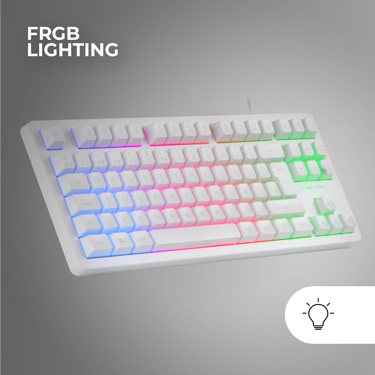 Mars Gaming MK023, Teclado Gaming TKL, Tecnología Híbrida H-Mech, Iluminación FRGB Rainbow, Anti-ghosting, Compatibilidad Universal, Blanco, Idioma Francés
