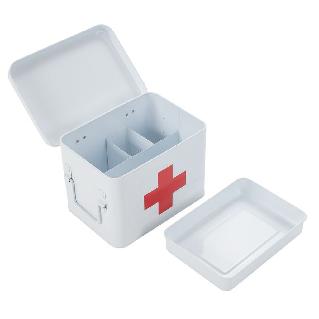 Botiquin Metal de Gran Capacidad, Múltiples Compartimentos, Bandeja Desmontable con Cierre, Asas Laterales para Fácil Transporte, 22.4 x 16.5 x 16cm