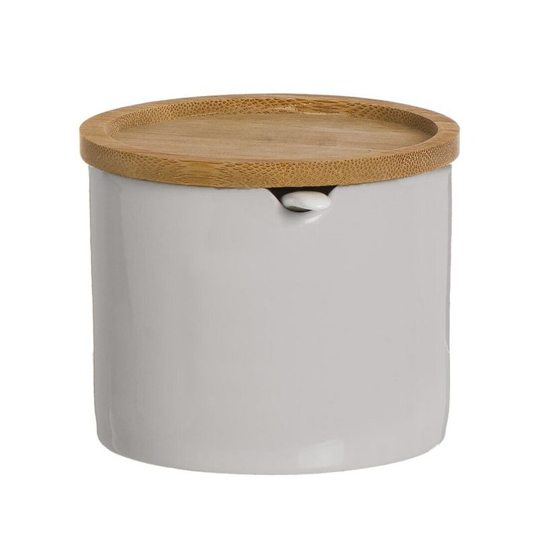 Azucarero Circular con Tapa y Cuchara, Azucarero Ceramica con Tapa de Bambú, Recipiente para Especias y Aliños, Natural, 8 x 8 x 8 cm