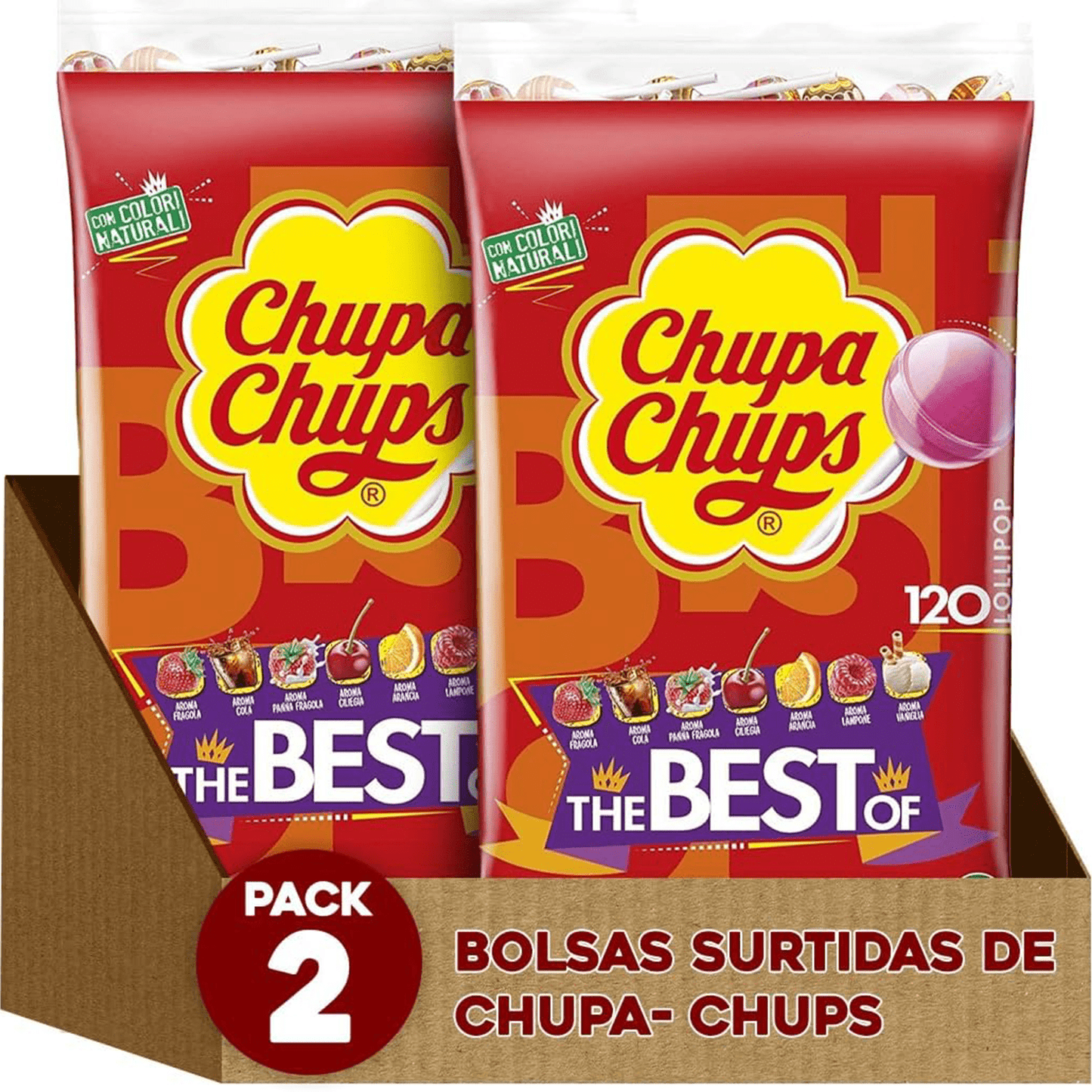 Chupa Chups Caramelo con Palo de Sabores Variados, Piruleta Caramelo, 120/240/360 Chupa Chups