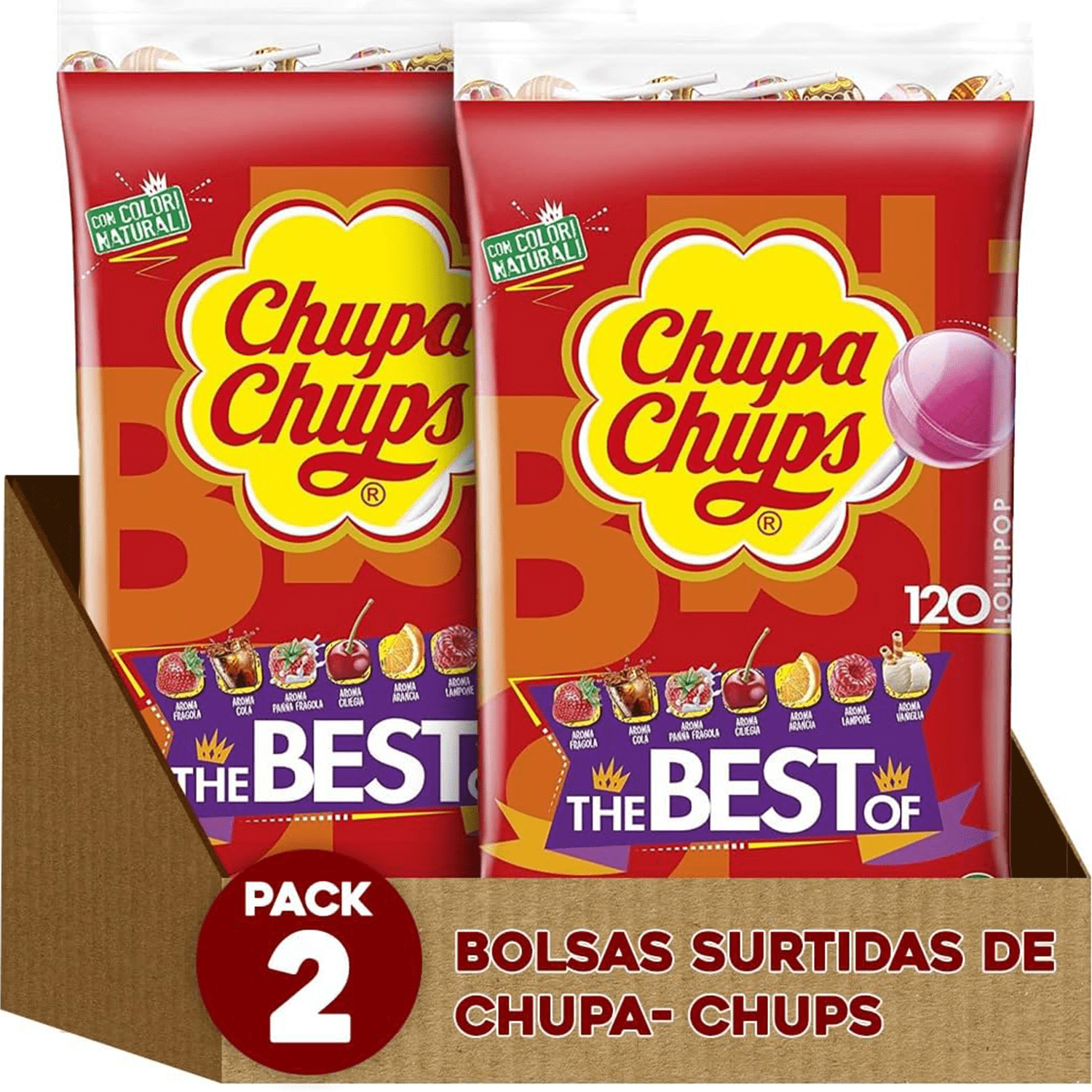Chupa Chups Caramelo con Palo de Sabores Variados, Piruleta Caramelo, 120/240/360 Chupa Chups