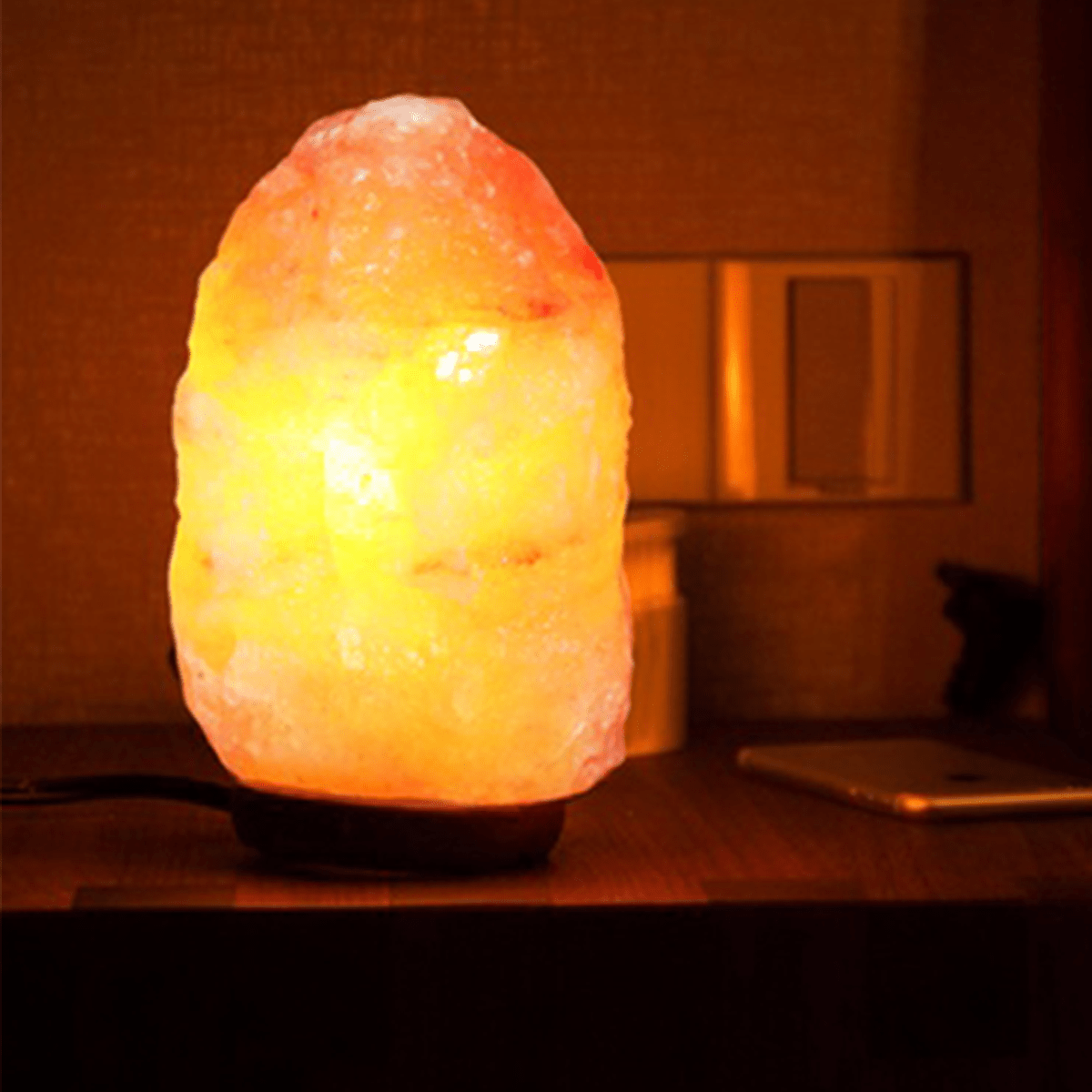Lampara Sal de Himalaya Pequeña, Ideal para Crear un Ambiente Agradable, Incluye Base de Madera, Cable de Conexión USB y Bombilla, Mejoran el Sueño y el Descanso, Favorece la Concentración