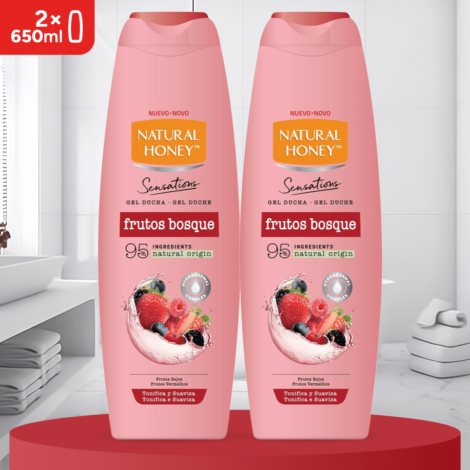 Natural Honey, Gel de Ducha de Frutas del Bosque con Hydradermal Complex, Tonifica y Suaviza para una Piel Suave, Fresca y Protegida, Línea Derma Care, 650 ml