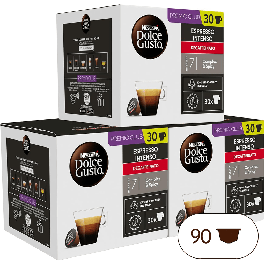 NESCAFÉ Dolce Gusto Espresso Intenso Descafeinado, 90 Cápsulas de Café, Intensidad 7, Para Cafeteras Dolce Gusto, 90 Cápsulas