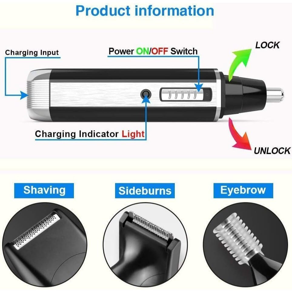 Corta Barba Hombre 4 en 1, Corta Pelos Nariz y Orejas, Barba, Patillas y Cejas, Carga USB, Perfecto para Casa y Viaje, Batería 400 mAh