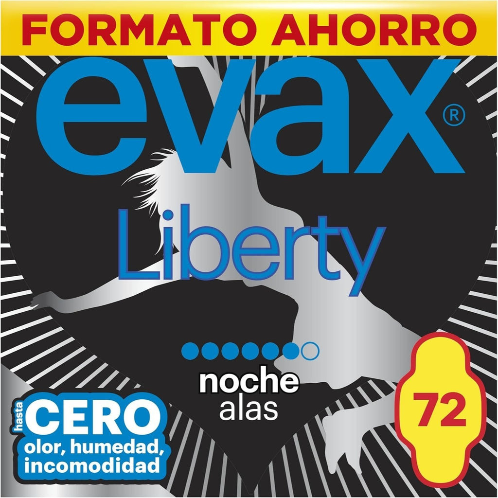 Evax Compresas Mujer Menstruación, Evax Liberty Noche Compresas Con Alas, Se Adapta a tu Cuerpo, Neutraliza el Olor, No Notarás Que Las Llevas, 72 Unidades