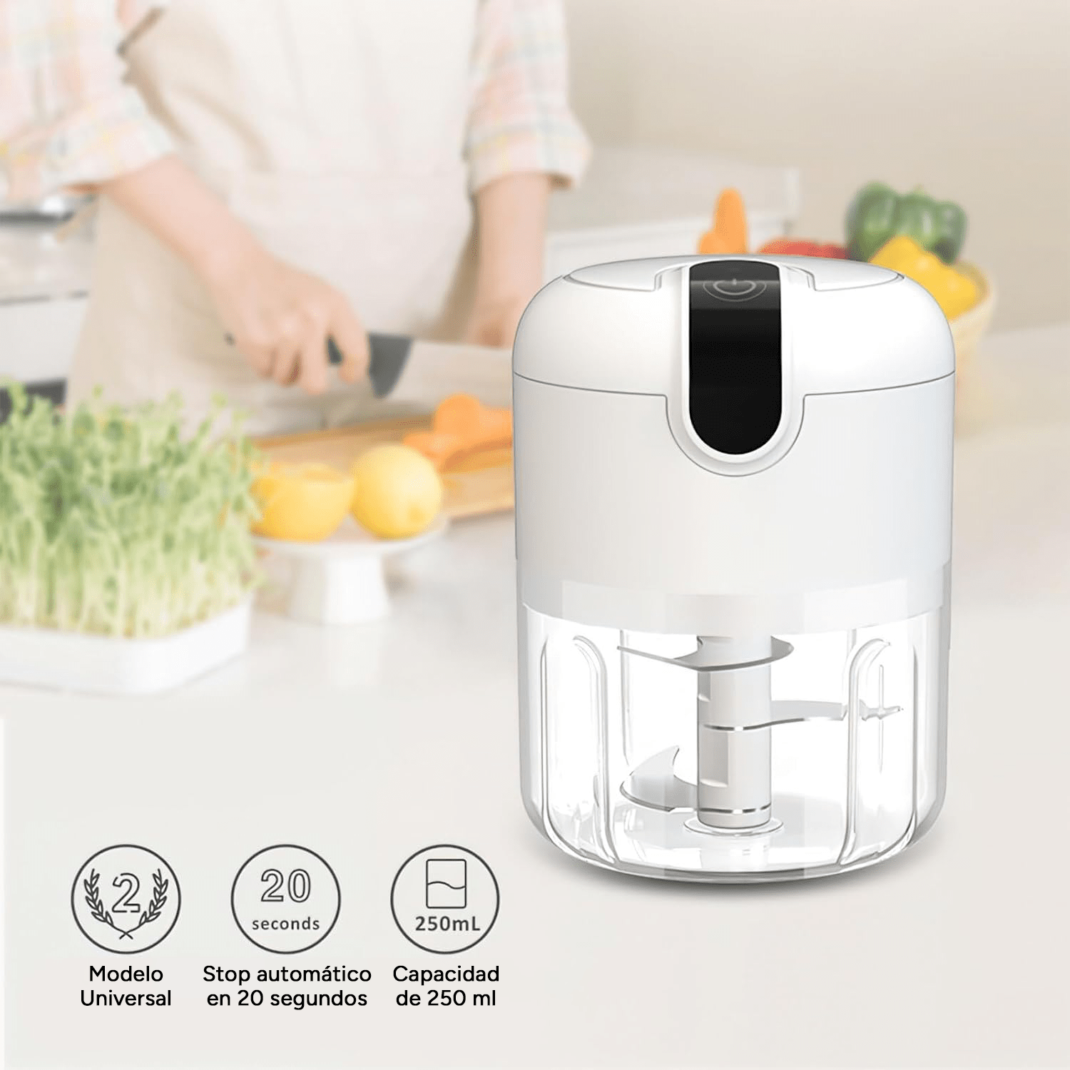 Picadora Electrica de Alimentos, 250ml de Capacidad, Batería 1300 mAh, 1700 RPM, Trocea, Mezcla, Machaca y Muele, Triple Cuchilla de Acero, Resistente, Fácil de Limpiar, Perfecto para Fruta, Verdura, Carne, Hierbas