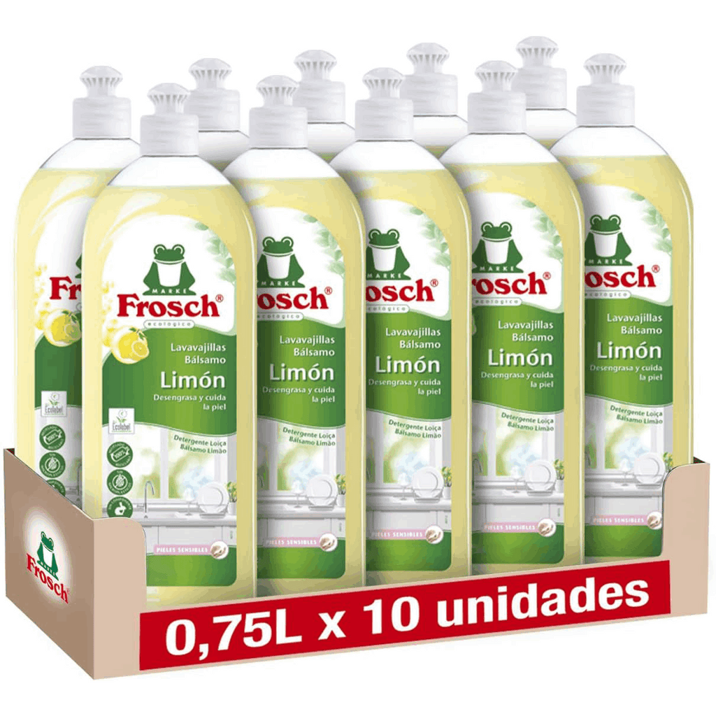 Frosch Lavavajillas Líquido, Lavavajillas Detergente a Mano con Aroma de Limón, Desengrasa y Protege la Piel, Pack de 10 Unidades de 750 ml, 7.5 L en Total