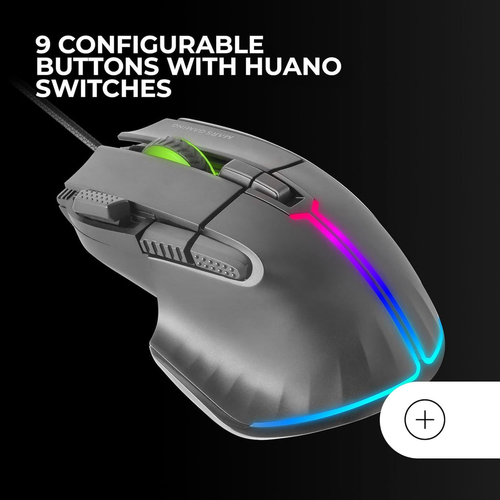 Mars Gaming MM-XT, Ratón Gaming RGB, Diseño Ergonómico con Reposa Pulgar, Sensor Óptico 12800DPI, 9 Botones Configurables, Switches Huano, Software de Control, Compatibilidad Multiplataforma, Negro