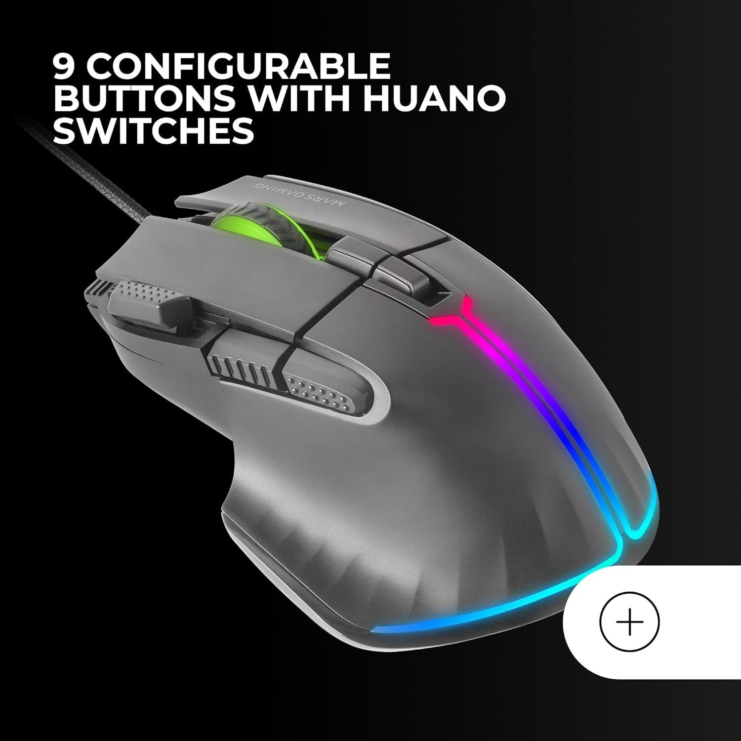 Mars Gaming MM-XT, Ratón Gaming RGB, Diseño Ergonómico con Reposa Pulgar, Sensor Óptico 12800DPI, 9 Botones Configurables, Switches Huano, Software de Control, Compatibilidad Multiplataforma, Negro