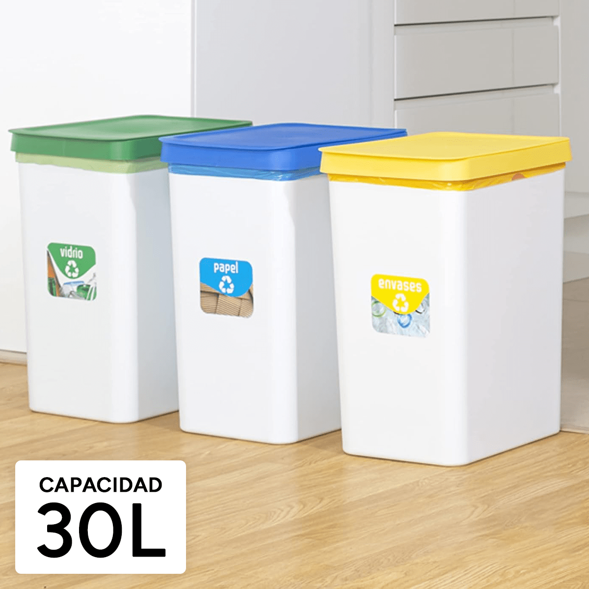 Cubo Basura Cocina de Plástico Resistente, 30L, Cubos de Basura Reciclaje
