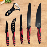 Juego de 6 Cuchillos de Cocina Profesionales, Cuchillos de Acero Inoxidable con Revestimiento y Filo de Alta Precisión, Excelente Durabilidad, Mango Ergonómico, Fácil de Limpiar, Ideal como Regalo, Incluye 4 Cuchillos, 1 Cortador de Pizza y 1 Pelador