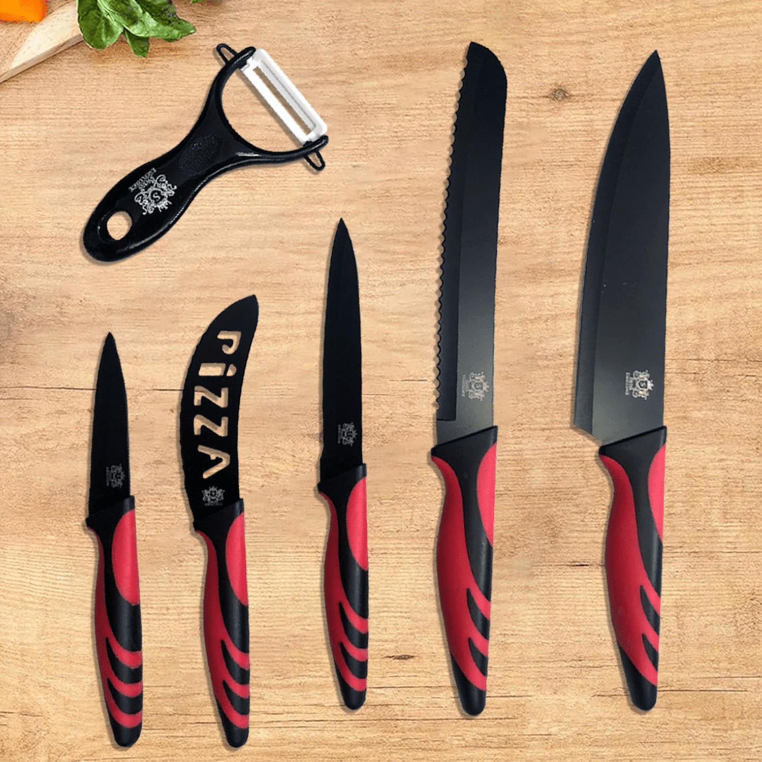 Juego de 6 Cuchillos de Cocina Profesionales, Cuchillos de Acero Inoxidable con Revestimiento y Filo de Alta Precisión, Excelente Durabilidad, Mango Ergonómico, Fácil de Limpiar, Ideal como Regalo, Incluye 4 Cuchillos, 1 Cortador de Pizza y 1 Pelador