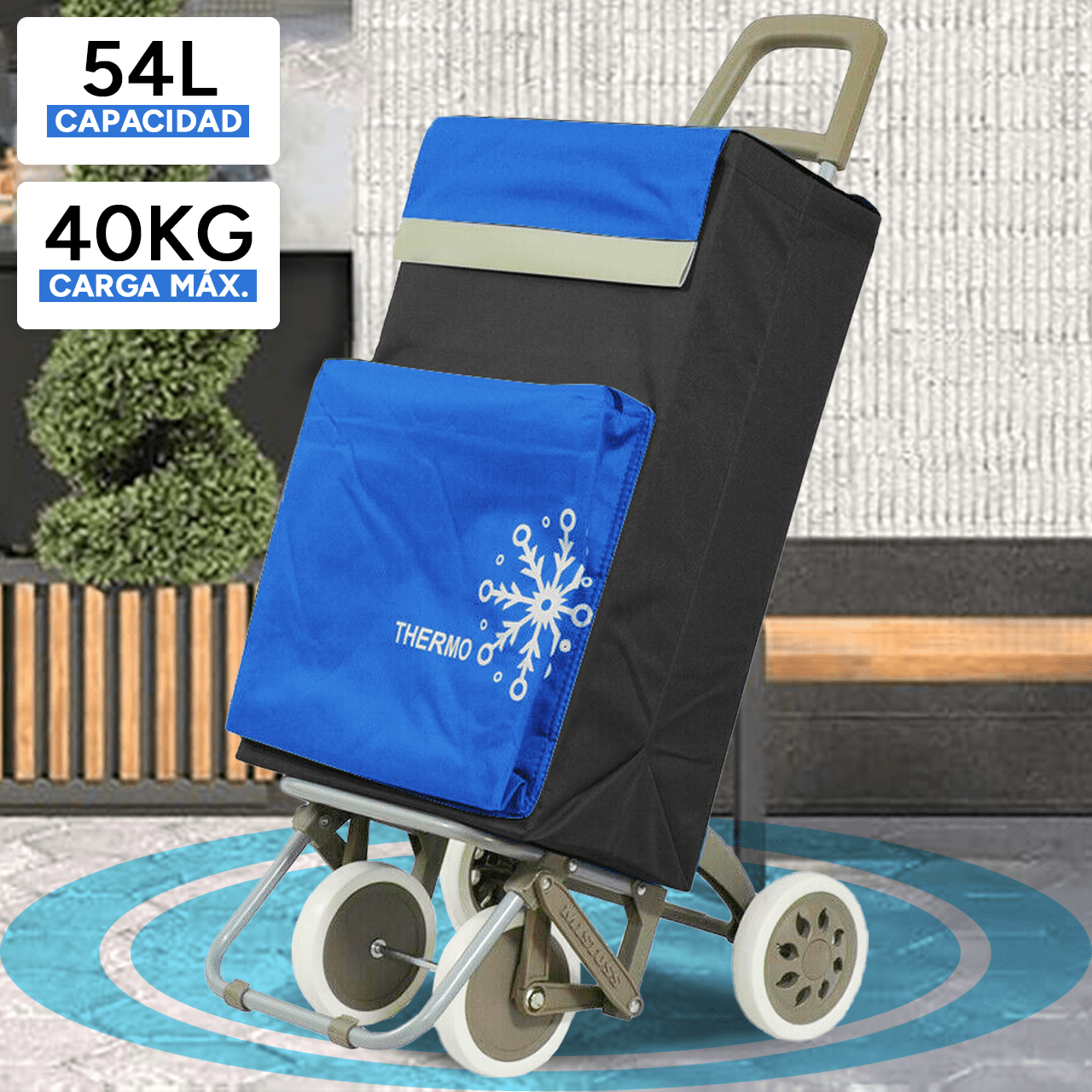 Carro Compra Plegable con Bolsillo Térmico para Congelados, Carro Plegable con Ruedas, Bolsillo Trasero con Cremallera, 2 Compartimentos Extra en Total, Con Capacidad de hasta 54 Litros y 40 Kg de Carga Máxima