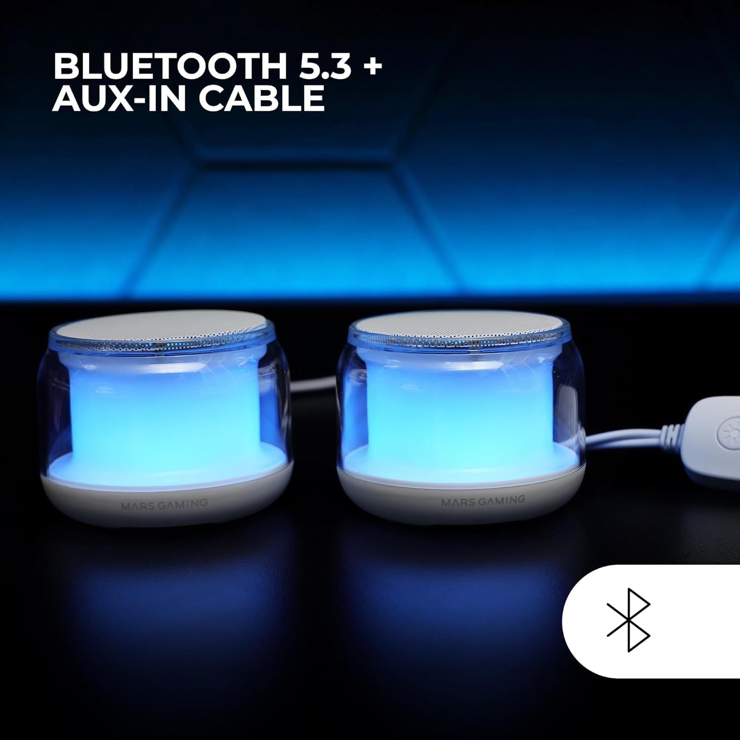 Mars Gaming MS-AURA, Altavoces Bluetooth 5.3, Chipset DSP Personalizado 15W, Iluminación RGB con Diseño ClearView 360º, Altavoces Compactos con Caja de Control de Volumen y RGB, Entrada AUX-IN, Blanco